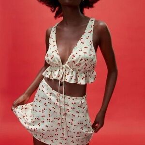 Zara cherry print satin tie top